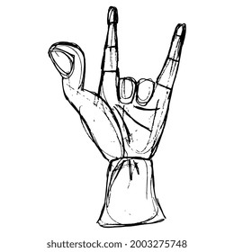 Stylized human hand showing two fingers. Apotropaic Sign of the horns gesture against bad luck. Antique ancient Greek or Roman deign. Hand drawn linear doodle rough sketch. Black silhouette on white.