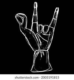 Stylized human hand showing two fingers. Apotropaic Sign of the horns gesture against bad luck. Antique ancient Greek or Roman deign. Hand drawn linear doodle rough sketch. White silhouette on black.