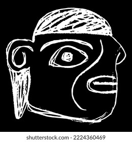 Stylized human head. Ancient Peruvian folk design from Tiahuanaco or Tiwanaku. Indigenous Native American art. Hand drawn linear doodle rough sketch. White silhouette on black background.