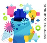 Stylized human head with brain, gear, puzzle, and bulb elements. Modern vector illustration. Concept for education, cognition, problem-solving, creativity, innovation, knowledge development