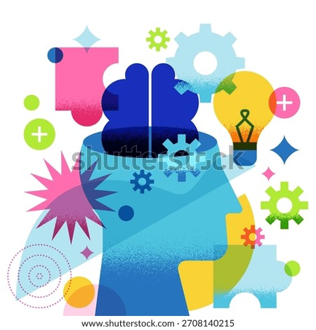 Stylized human head with brain, gear, puzzle, and bulb elements. Modern vector illustration. Concept for education, cognition, problem-solving, creativity, innovation, knowledge development