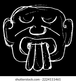 Stylized human head with closed eyes. Ancient Peruvian relief from Casma valley. Native American art. Hand drawn linear doodle rough sketch. White silhouette on black background.
