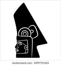 Stylized human head from El Tajín, Veracruz, Mexico. Native American pre Columbian design. Indian Warrior in a helmet. Ball player hacha. Black and white silhouette.