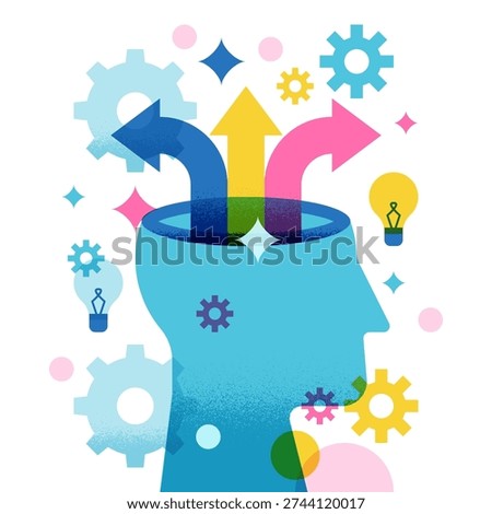 Stylized human head with multicolor growing arrows. Modern vector illustration. Concept for personal growth, creative thinking, business success, mindset, development and innovation