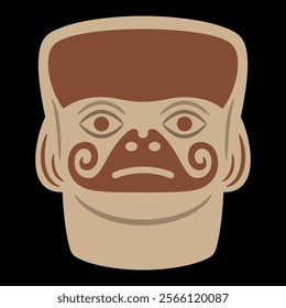 Stylized human head. Native American art of Moche Indians of ancient Peru. Mochica ethnic mask. On black background.