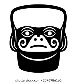 Stylized human head. Native American art of Moche Indians of ancient Peru. Mochica ethnic mask. Black and white silhouette.