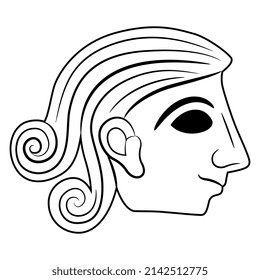 Cabeza humana estilizada en perfil. Diseño antiguo de Minoan. Silueta lineal blanca y negra.