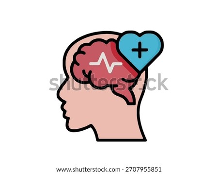 A stylized human head profile with a brain, a heartbeat line, and a heart symbol with a plus sign.
