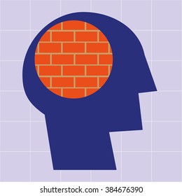 Stylized human head in profile with a brick wall pattern in the brain area as a concept for mental health problems or a closed mind