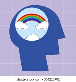 Stylized human head in profile with a rainbow and clouds in the brain area as a concept for positive thinking