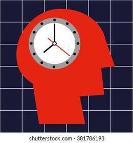 Stylized human head in profile and a ticking clock in the brain area