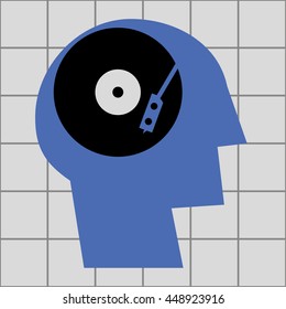 Stylized human head in profile with a vinyl record and needle playing arm in the brain area