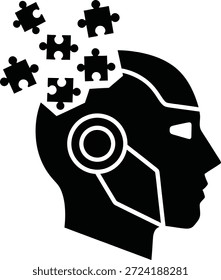 Una cabeza humana estilizada con características robóticas y piezas de rompecabezas que simbolizan inteligencia artificial y pensamiento complejo