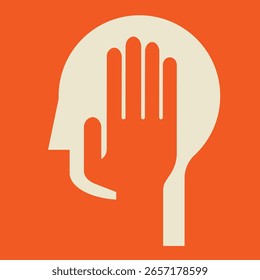stylized human head silhouette and hand symbol in a "stop" gesture 