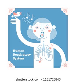 Stylized Human Respiratory System, framed modern anatomical vector illustration, conceptual decorative style art poster with singing outline female and lungs cross section on blue background.
