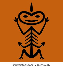 Stylized human skeleton figure from Chatham Island. Maori symbol. Black silhouette on orange background.