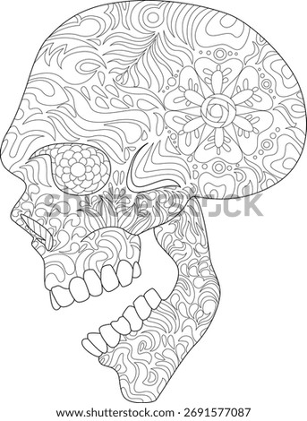 Stylized human skull drawing adorned with beautiful botanical and abstract patterns. Detailed outline artwork for creative projects.