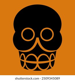 Cráneo humano estilizado. Emblema de Halloween. Símbolo de la muerte. Diseño étnico indígena de los indios aztecas. Silueta negra y naranja.