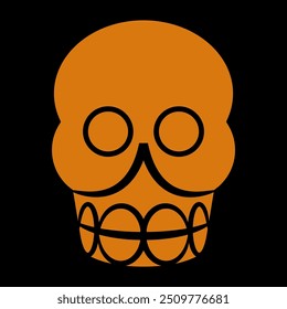 Cráneo humano estilizado. Emblema de Halloween. Símbolo de la muerte. Diseño étnico indígena de los indios aztecas. Silueta negra y naranja.