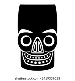 Stylized human skull. Native American art of ancient `Peru. Chancay culture. Black and white silhouette.