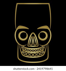 Stylized human skull. Native American art of ancient `Peru. Chancay culture. Linear golden silhouette on black background.