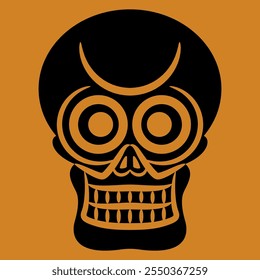 Stylized human skull. Skeleton head. Halloween symbol. Ancient Tibetan death symbol. Black and orange silhouette.