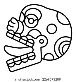 Stylized human skull with stick out tongue. Ancient Mexican codex design of Aztec Indians. Miquiztli. Dia de los Muertos symbol. Merry dead head. Black and white linear silhouette.