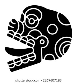 Calavera humana estilizada con la lengua fuera. Antiguo diseño de códex mexicano de indios aztecos. Miquiztli. Símbolo del Día de los Muertos. Merry, cabeza muerta. Silueta negativa en blanco y negro.