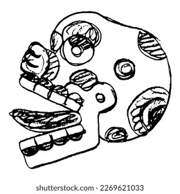 Stylized human skull with stick out tongue. Ancient Mexican codex design of Aztec Indians. Miquiztli. Dia de los Muertos symbol. Merry dead head. Hand drawn sketch. Black and white silhouette.