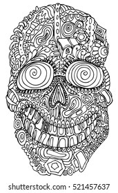 Stylized human skull - vector illustration for  coloring book with doodle and zentangle elements