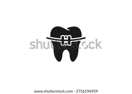 Stylized Human Tooth Icon with Orthodontic Braces on White Background