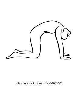 Stylized human in yoga cat pose, marjariasana . Vector illustration of lineart style. Yoga pose flat line icon, simple sign of woman in easy pose Handdrawn illustration