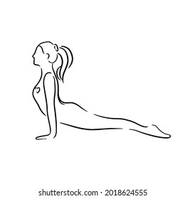 Stylized human in yoga dog face up pose, urdhva mukha svanasana . Vector illustration of lineart style. Yoga pose flat line icon, simple sign of woman in easy pose Handdrawn illustration