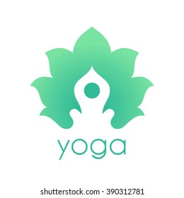 Stylized human yoga shape in abstract lotus symbol. Vector icon.