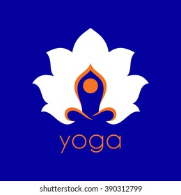 Stylized human yoga shape in abstract lotus symbol. Vector icon.