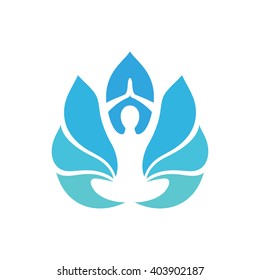 Stylized human yoga shape in abstract lotus symbol. Vector icon.