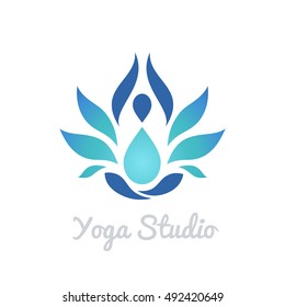 Stylized human yoga shape in abstract lotus symbol. Vector icon.