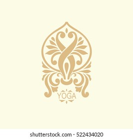 Stylized human yoga shape in abstract lotus symbol. Vector icon