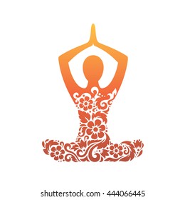 Stylized human yoga shape in lotus pose with white decorative pattern. Vector icon.