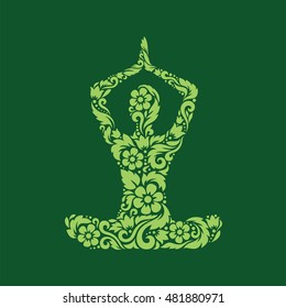Stylized human yoga shape in lotus pose with white decorative pattern. Vector icon.