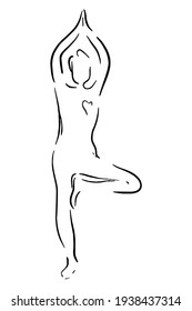 Stylized human in yoga tree pose. Vector illustration of lineart style. Yoga pose flat line icon, simple sign of woman in easy pose Handdrawn illustration