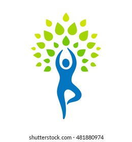 Stylized human in yoga tree pose. Vector icon, yoga emblem.