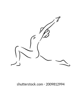 Stylized human in yoga warrior pose, virabhadrasana . Vector illustration of lineart style. Yoga pose flat line icon, simple sign of woman in easy pose Handdrawn illustration