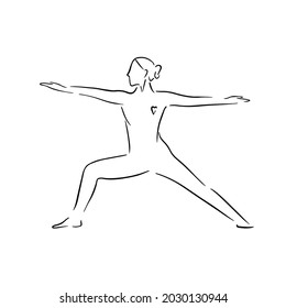 Stylized human in yoga warrior pose, virabhadrasana . Vector illustration of lineart style. Yoga pose flat line icon, simple sign of woman in easy pose Handdrawn illustration