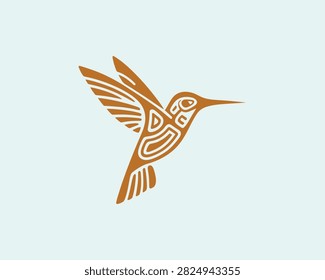 A stylized hummingbird illustration inspired by traditional Pacific Northwest Coast indigenous art, featuring bold lines and organic shapes in orange.