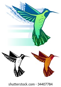 Stylized hummingbird vector illustration in three color schemes