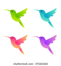 Stylized hummingbirds set in four different colors for icon or logo. Isolated vector colibri illustration.