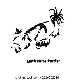 Stylized hunting Yorkshire terrier. Vector drawing of a small dog. Gestalt animal design