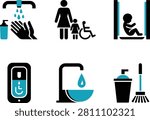 Stylized hygiene and accessibility icons including handwashing, sanitizer, baby changing station, family facilities, faucet, and waste disposal, ideal for public health communication