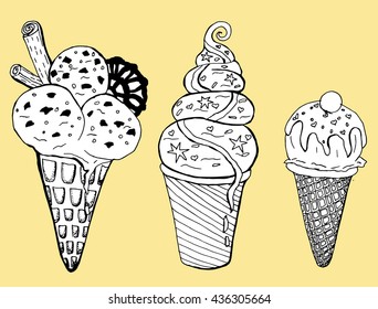 Stylized ice cream. Cold dessert. Black and white drawing by hand. Line art. Doodle. Tattoo.